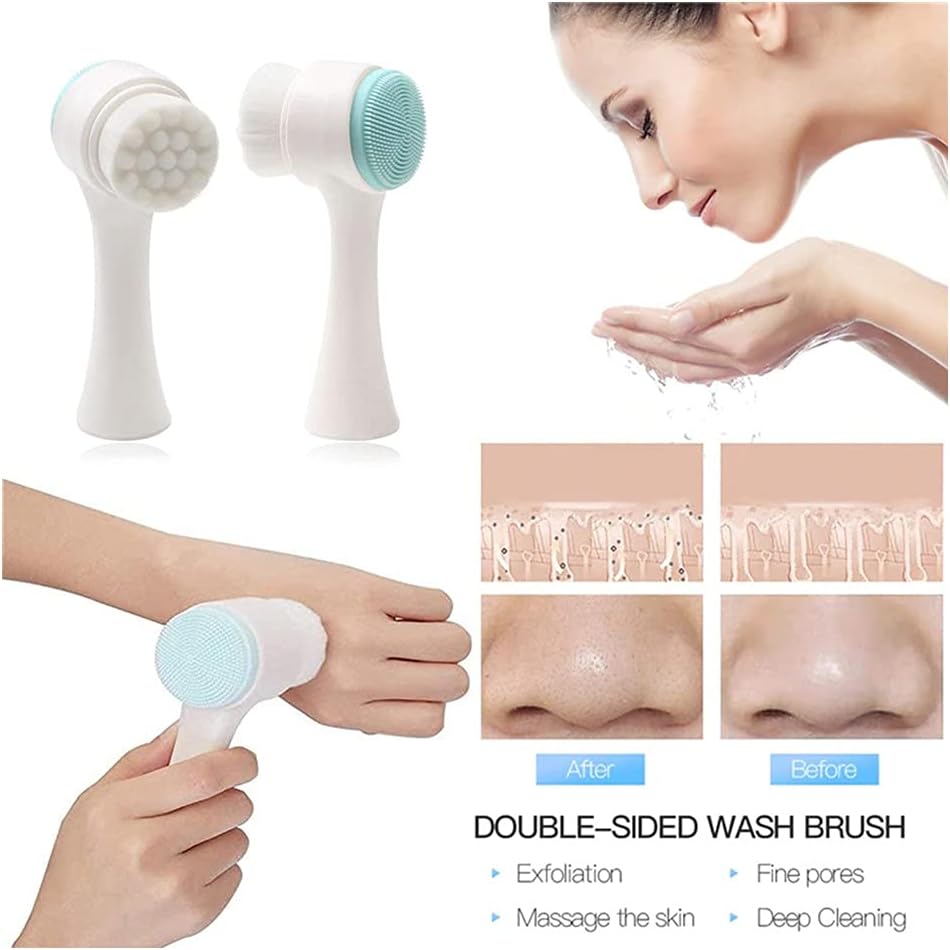 Aurora Facial Brush Cleansing, Double Sided Face Wash Brush with Face Massage Brush, Ultra Soft Manual Exfoliation, Deep Cleansing, Blackhead Removal and Massage Blue