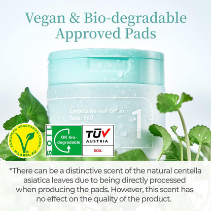 AuroraSty#1 Toner Pads | Toner Pads Centella Re-Leaf Green | Soothing Plants, Centella Asiatica | Double Sided Pads | 70 Count, 190 ml