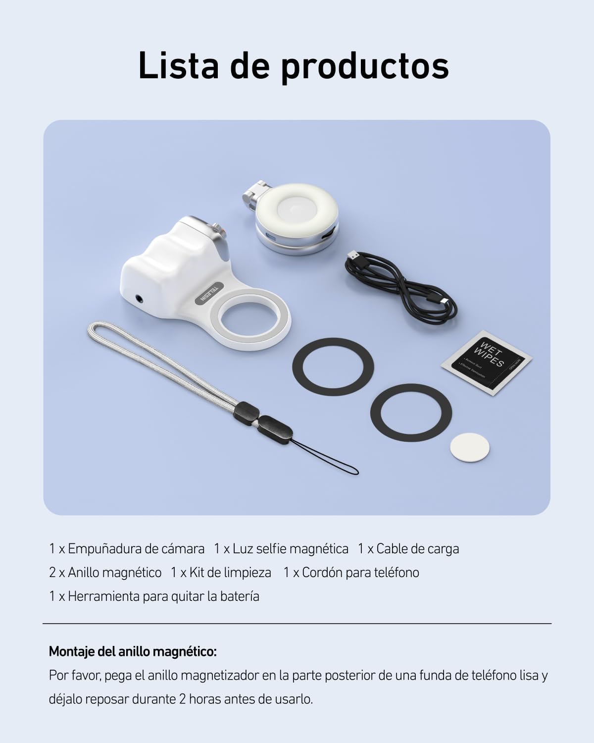 AuroTELESIN Fun Shot Handle Grip Movil + TELESIN C03 Magnético Selfie Luz (Plata) Conjunto, Compatible con iPhone/Android, para Selfies/Fotografía/Zoom Llamadas