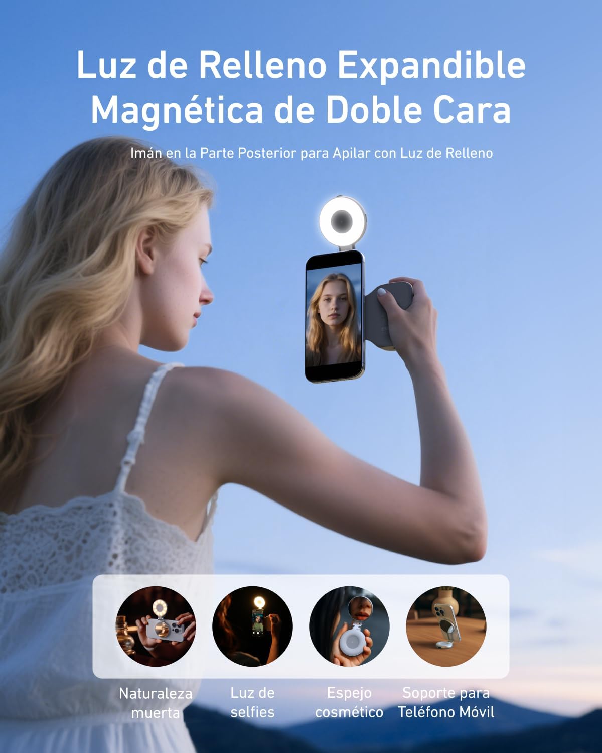 AuroTELESIN Fun Shot Handle Grip Movil + TELESIN C03 Magnético Selfie Luz (Plata) Conjunto, Compatible con iPhone/Android, para Selfies/Fotografía/Zoom Llamadas