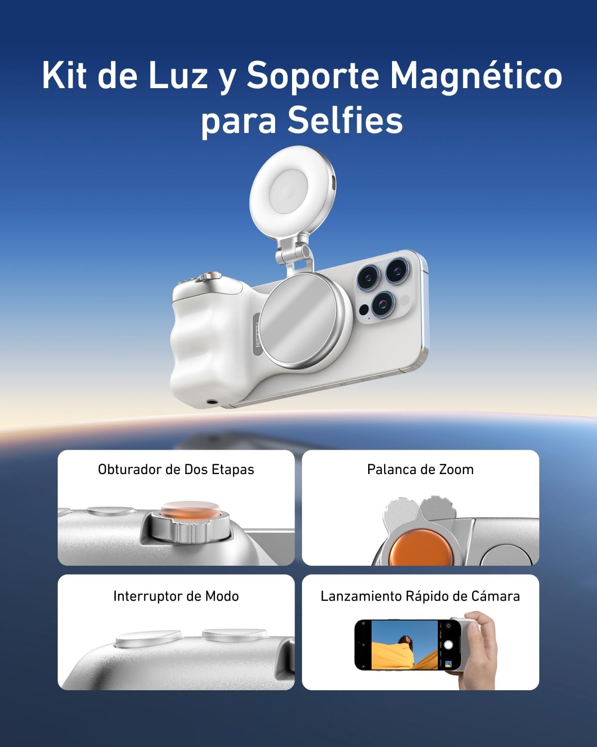AuroTELESIN Fun Shot Handle Grip Movil + TELESIN C03 Magnético Selfie Luz (Plata) Conjunto, Compatible con iPhone/Android, para Selfies/Fotografía/Zoom Llamadas