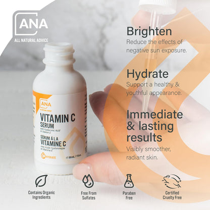 AuroraSt Natural Advice Vitamin C Serum 30mL | 20% Vitamin C Face Serum Solution with Organic Botanicals, Hyaluronic Acid & Vitamin E | UV-Shielding Glass Bottle with Dropper | Canadian Skin Care