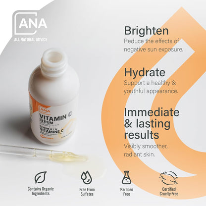 AuroraSt Natural Advice Vitamin C Serum 30mL | 20% Vitamin C Face Serum Solution with Organic Botanicals, Hyaluronic Acid & Vitamin E | UV-Shielding Glass Bottle with Dropper | Canadian Skin Care
