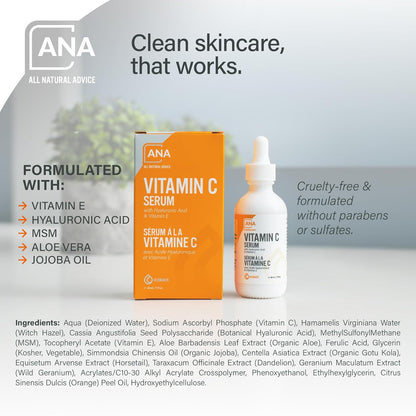 AuroraSt Natural Advice Vitamin C Serum 30mL | 20% Vitamin C Face Serum Solution with Organic Botanicals, Hyaluronic Acid & Vitamin E | UV-Shielding Glass Bottle with Dropper | Canadian Skin Care